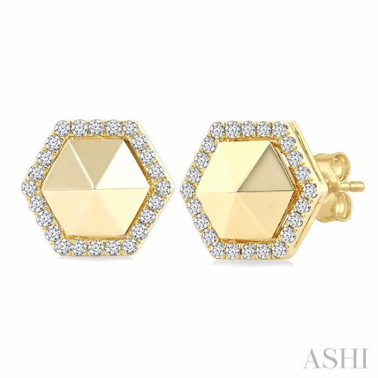 1/4 Ctw Petite Hexagon Single Cut Diamond Halo Fashion Stud Earrings in 14K Yellow Gold Polished Look Ethereal Vibe