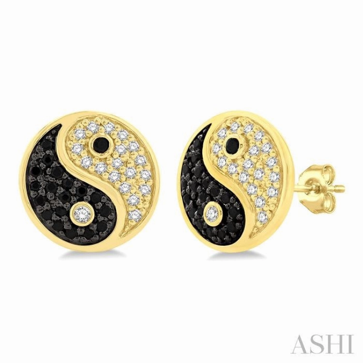 Minimal Highlight 1/4 Ctw Petite Tao Yin Yang Black and White Round Cut Diamond Fashion Stud Earring in 10K Yellow Gold
