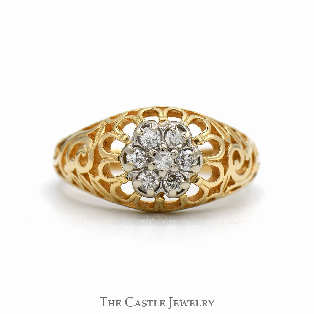 Ductile Material Stylish Insignia 1/4cttw 7 Diamond Kentucky Cluster Ring with Open Filigree Sides in 14k Yellow Gold