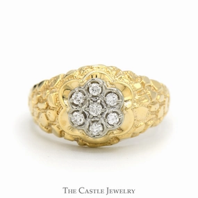 1/4cttw 7 Round Diamond Cluster Ring with Textured Nugget Sides in 10k Yellow Gold Organic Design
