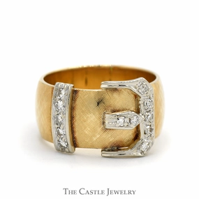 1/4cttw Diamond Accented Buckle Ring with Brush Textured Sides in 14k Yellow Gold Timeless Harmony Eternal Article