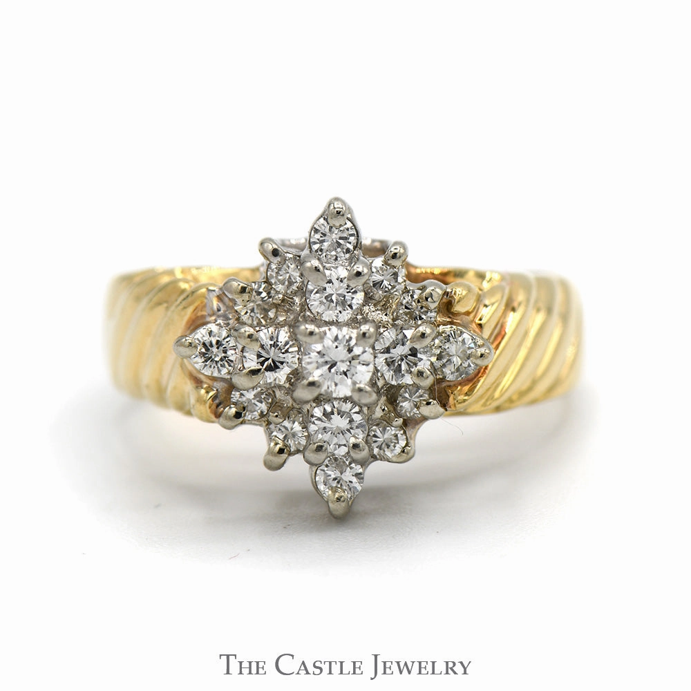 Sparkling Design Secure Closure 1/4cttw Diamond Starburst Cluster Ring with Ridged Sides in 14k Yellow Gold