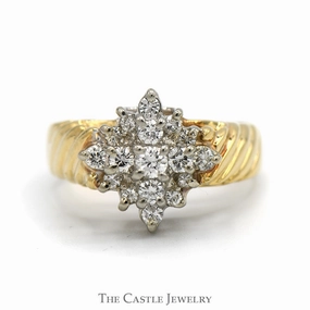 Sparkling Design Secure Closure 1/4cttw Diamond Starburst Cluster Ring with Ridged Sides in 14k Yellow Gold