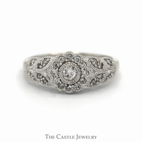 Sister Present 1/4cttw Flower Shaped Diamond Cluster Ring with Beaded Detail and Accented Sides in 10k White Gold