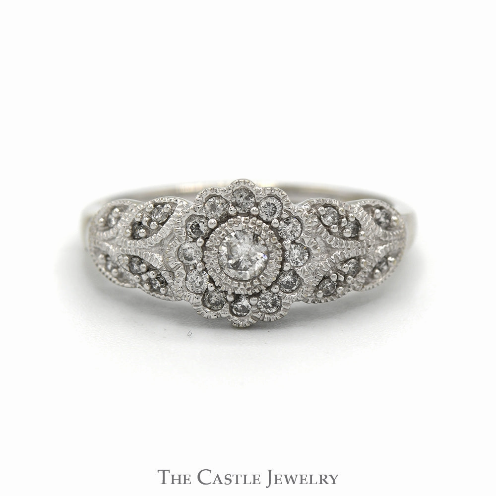 Sister Present 1/4cttw Flower Shaped Diamond Cluster Ring with Beaded Detail and Accented Sides in 10k White Gold