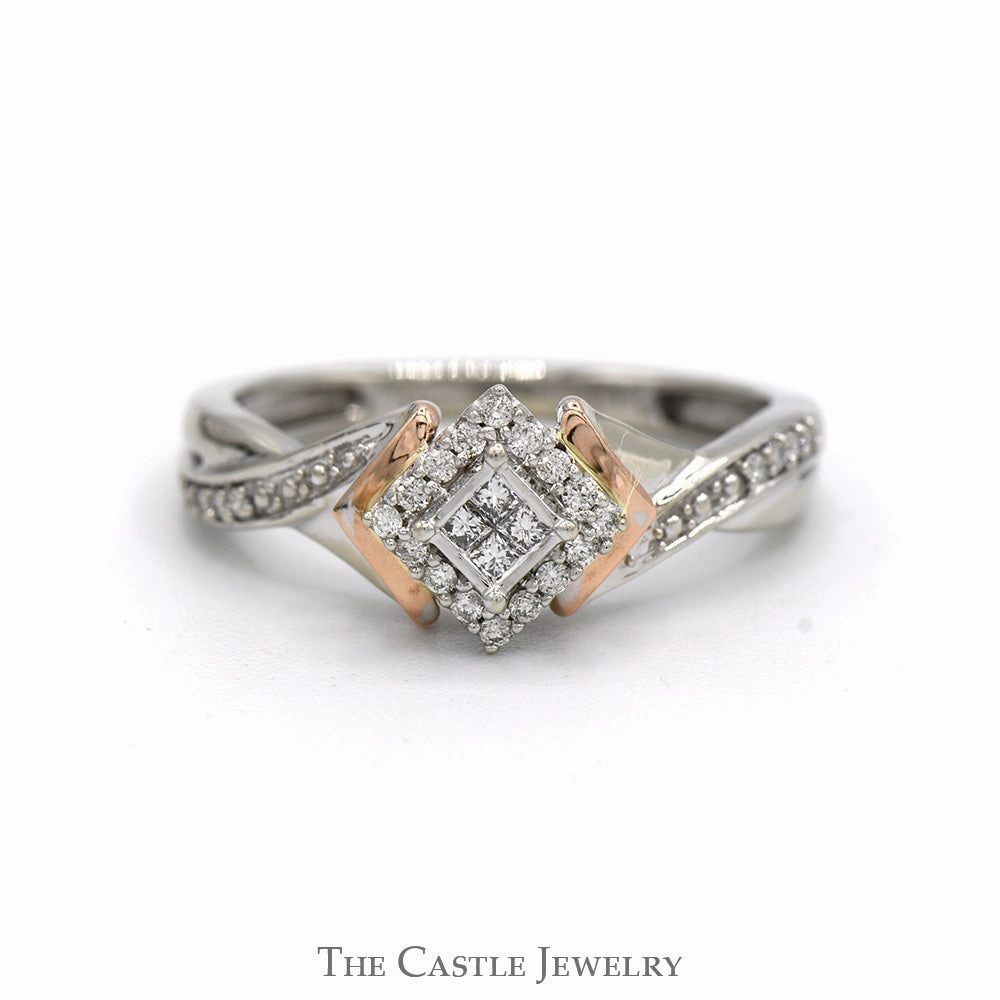 1/4cttw Princess Cut Invisi-set Diamond Cluster Ring with Accented Sides in Two Tone 10k White & Rose Gold Ornate Keepsake