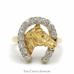 1/4cttw Round Diamond Horseshoe Ring with Horse Head in 14k Yellow Gold Weekend Accent