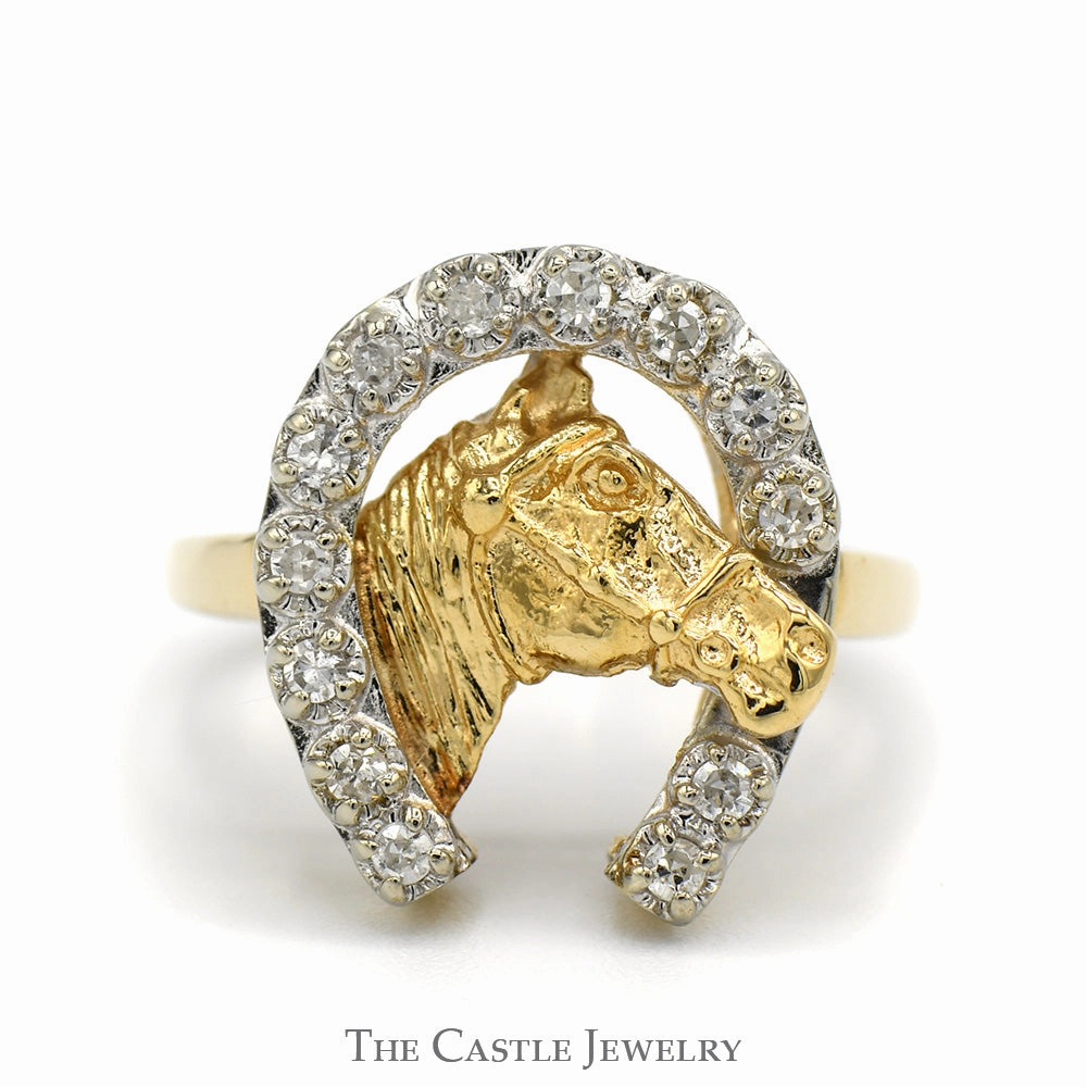 1/4cttw Round Diamond Horseshoe Ring with Horse Head in 14k Yellow Gold Weekend Accent