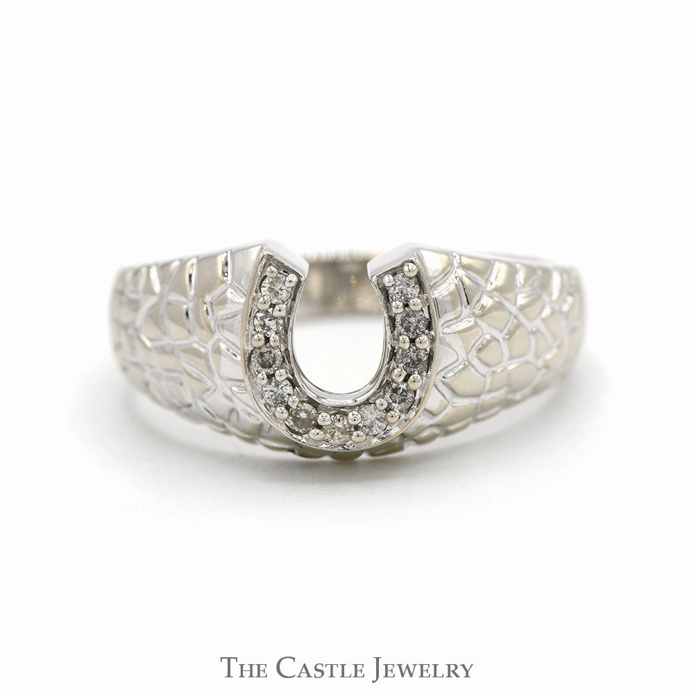 1/4cttw Round Diamond Horseshoe Ring with Textured Nugget Sides in 10k White Gold gentle style