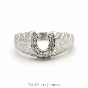 1/4cttw Round Diamond Horseshoe Ring with Textured Nugget Sides in 10k White Gold gentle style