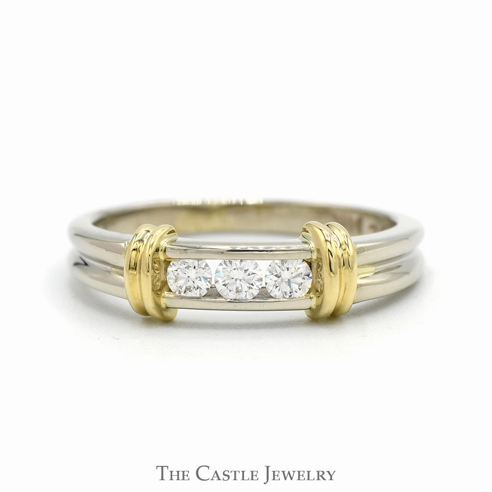1/4cttw Three Diamond Ring with Yellow Gold Bar Accents in 14k White Gold Curved Line Premium Accent