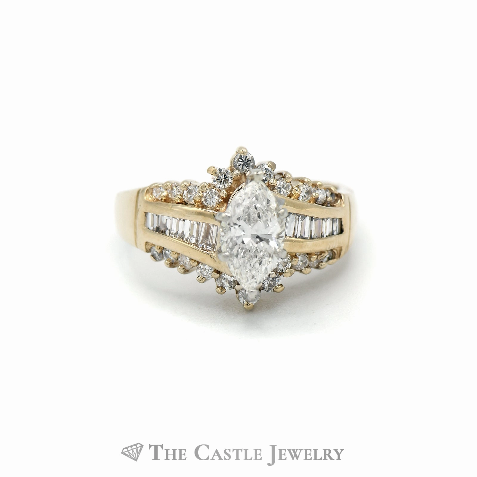 1.50CTTW Marquise Cut Diamond Engagement Ring with Diamond Accents in 14KT Yellow Gold Value Adornment Casual Texture