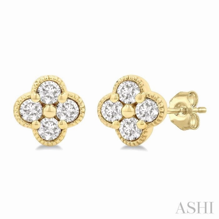 Contemporary Shine 1/5 Ctw Clover Round Cut Diamond Fashion Earrings in 14K Yellow Gold