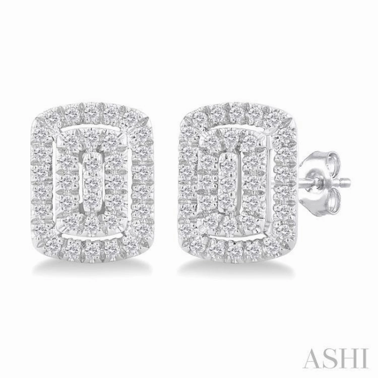 Shiny Treasures 1/5 Ctw Double Halo Emerald Shape Petite Round Cut Diamond Fashion Stud Earring in 10K White Gold