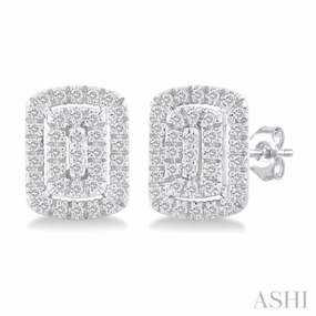 Shiny Treasures 1/5 Ctw Double Halo Emerald Shape Petite Round Cut Diamond Fashion Stud Earring in 10K White Gold