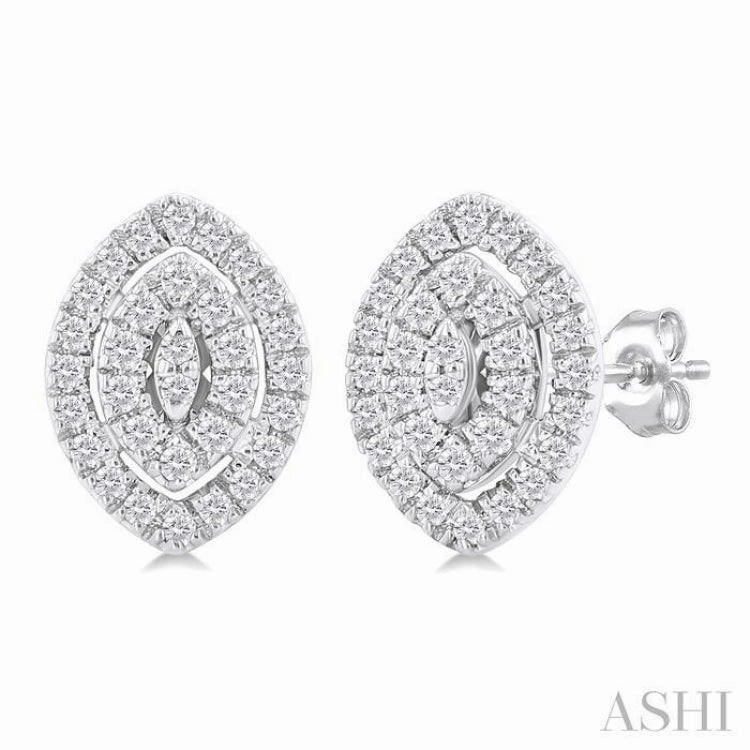 1/5 Ctw Double Halo Marquise Shape Petite Round Cut Diamond Fashion Stud Earring in 10K White Gold Contemporary Form