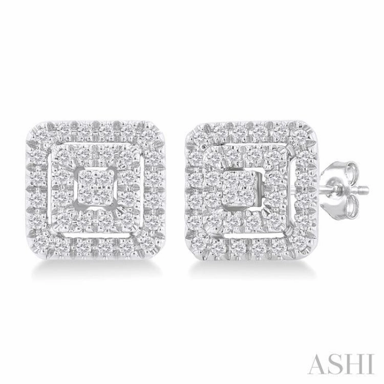 1/5 Ctw Double Halo Square Shape Petite Round Cut Diamond Fashion Stud Earring in 10K White Gold Fresh Edge