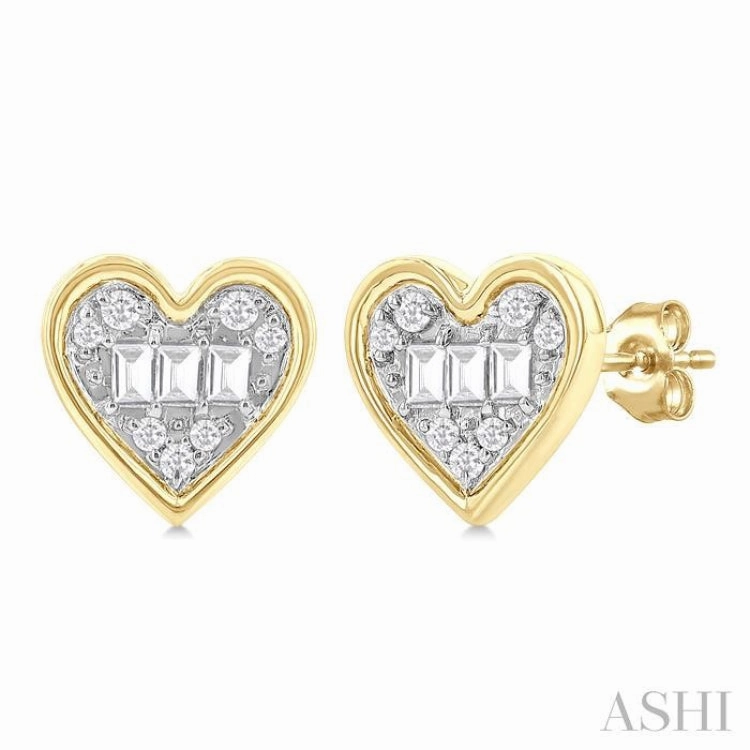 1/5 Ctw Petite Bezel Set Heart Shape Fusion Baguette and Round Cut Diamond Fashion Stud Earring in 10K Yellow Gold Refined Accessory Graceful Layer
