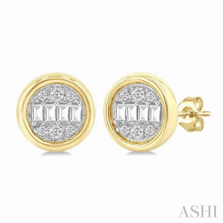 Effortless Elegance 1/5 Ctw Petite Bezel Set Round Shape Fusion Baguette and Round Cut Diamond Fashion Stud Earring in 10K Yellow Gold
