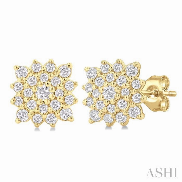 Sculpted Detail 1/5 Ctw Petite Cushion Shape Round Cut Diamond Cluster Fashion Stud Earring in 10K Yellow Gold
