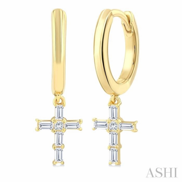 Premium Charm Daily Collection 1/5 Ctw Princess and Baguette Cut Diamond Cross Petite Fashion Hoop Earrings in 10K Yellow Gold