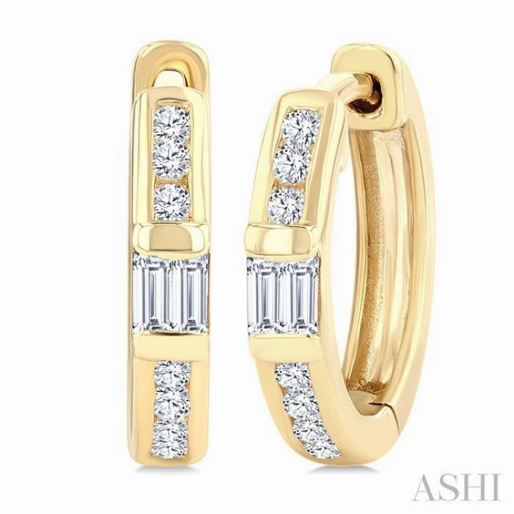 Dazzling Feature 1/5 Ctw Round Cut and Baguette Diamond Channel Set Petite Huggie Earrings in 10K Yellow Gold