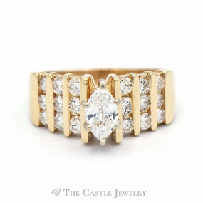 Autumn Fashion 1.5cttw Marquise Diamond Engagement Ring with Round Diamond Columns in 14k Yellow Gold