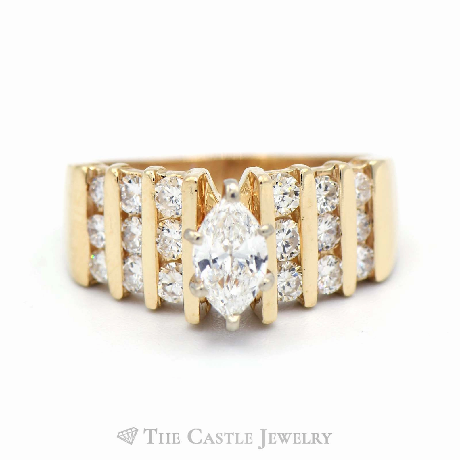 Autumn Fashion 1.5cttw Marquise Diamond Engagement Ring with Round Diamond Columns in 14k Yellow Gold
