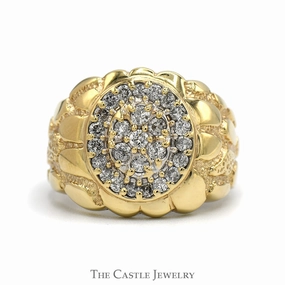 1.5cttw Oval Shaped Diamond Cluster Ring with Nugget Designed Sides in 10k Yellow Gold Classic Design Luxurious Feel