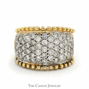 1.5cttw Wide Diamond Cluster Band with Beaded Edges in 14k Yellow Gold Shiny appearance Modern Wear