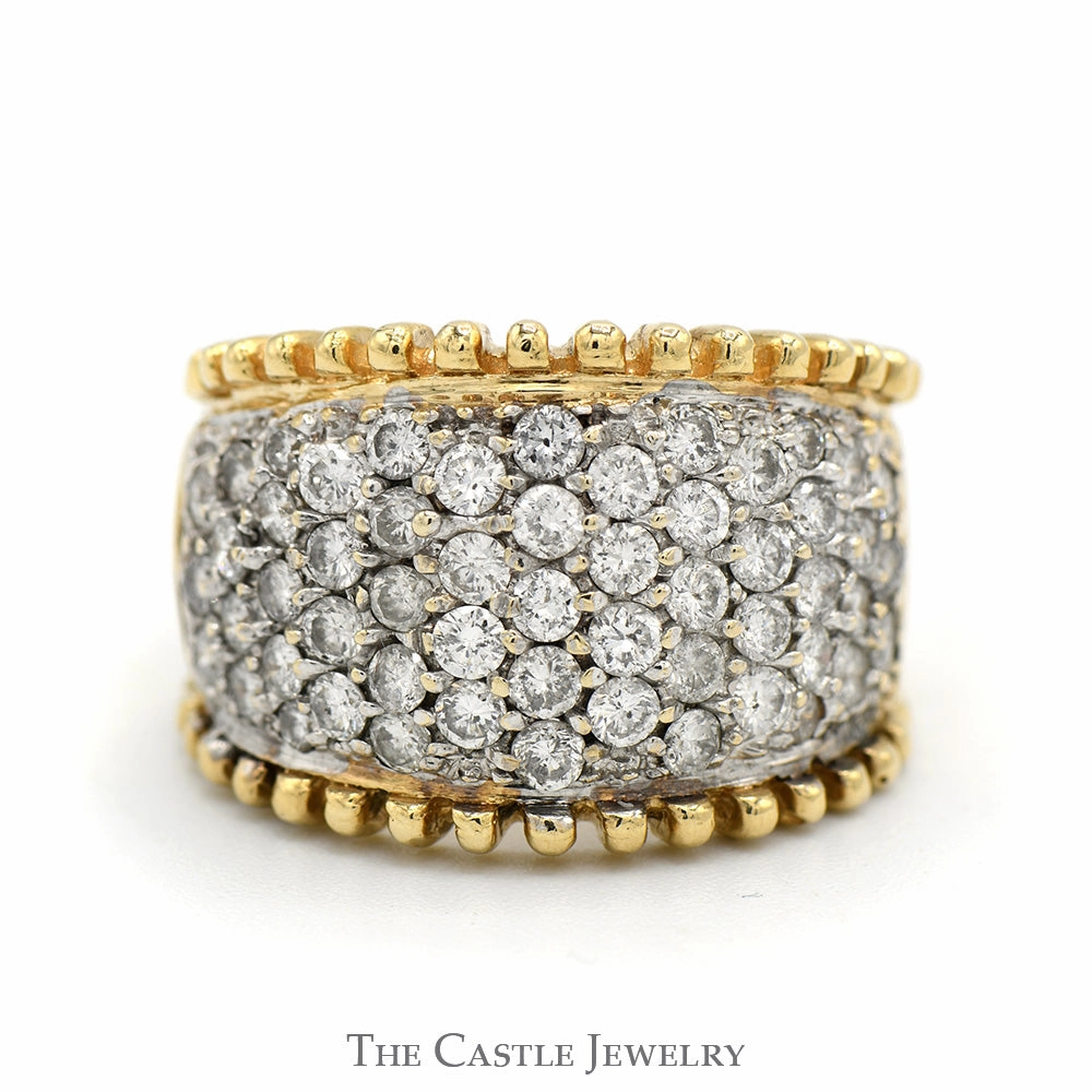 1.5cttw Wide Diamond Cluster Band with Beaded Edges in 14k Yellow Gold Shiny appearance Modern Wear