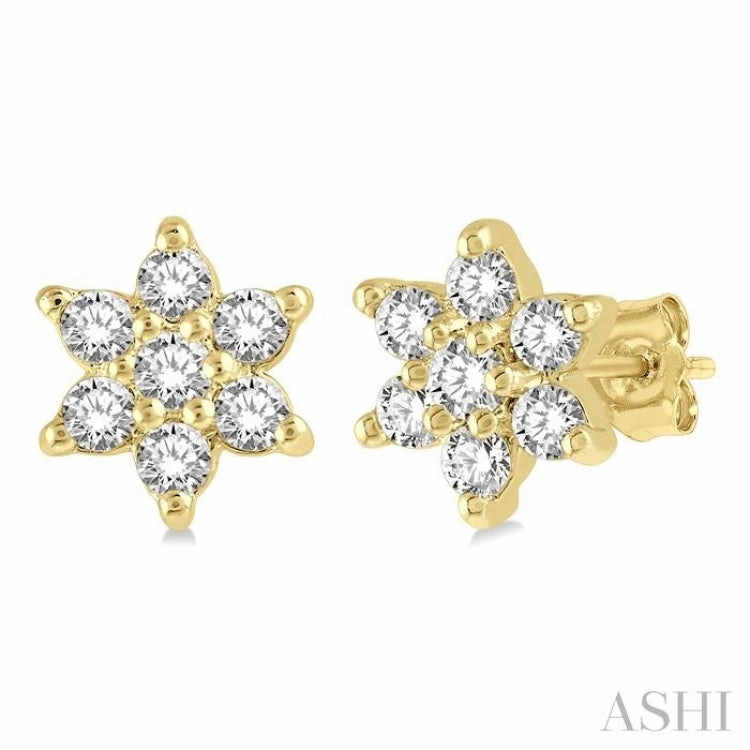 1/6 Ctw Floral Round Cut Diamond Petite Fashion Earring in 10K Yellow Gold Lightweight Accent Vibrant Edge