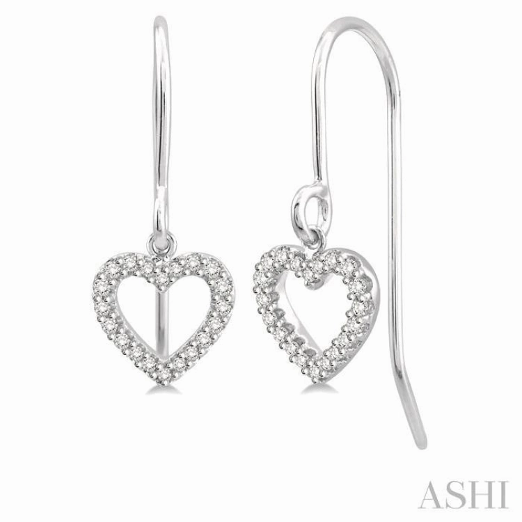 1/6 ctw Hollow Cut Heart Charm Round Cut Diamond Petite Earrings in 10K White Gold Layered Design