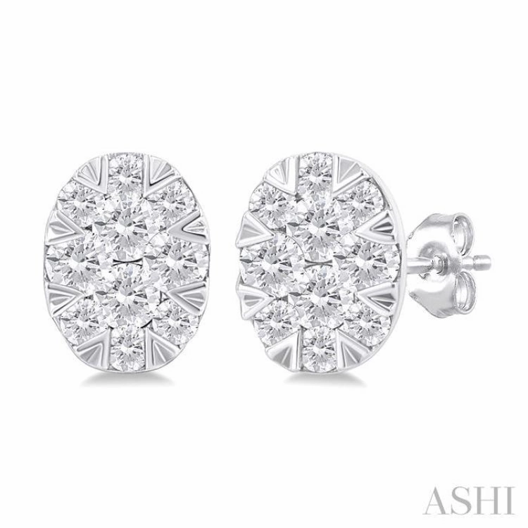 Polished Stones All Style 1/6 Ctw Lovebright Petite Oval Shape Round Cut Diamond Fashion Stud Earring in 10K White Gold