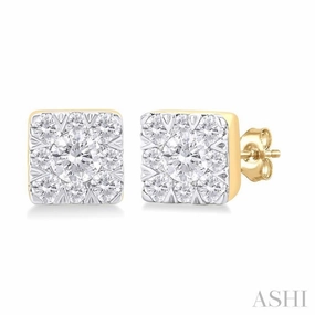 Casual Vibe 1/6 Ctw Lovebright Petite Square Shape Round Cut Diamond Fashion Stud Earring in 10K Yellow Gold