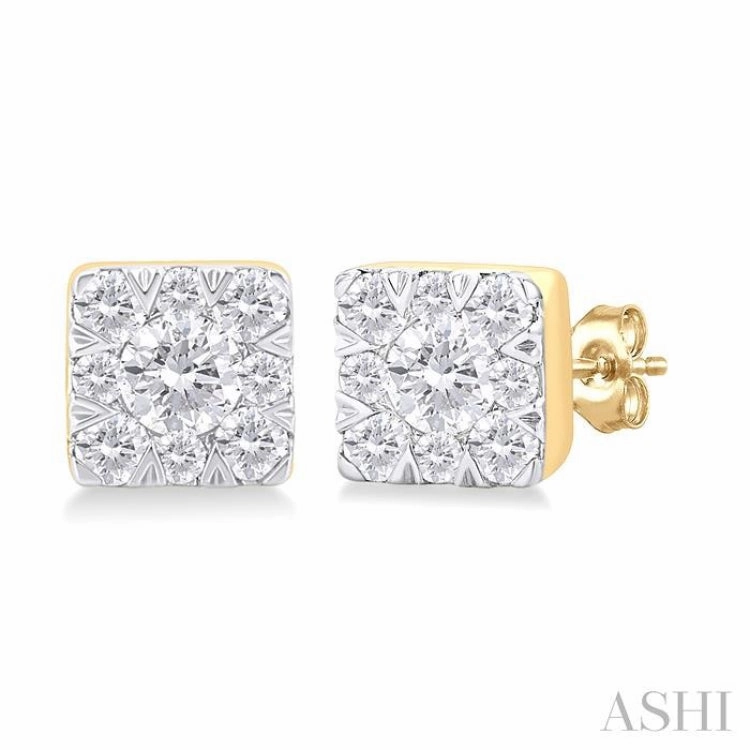Casual Vibe 1/6 Ctw Lovebright Petite Square Shape Round Cut Diamond Fashion Stud Earring in 10K Yellow Gold