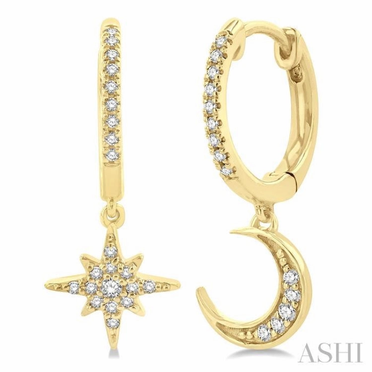 Shimmering Touch Timeless Edge 1/6 Ctw Petite Celestial Crescent & Star Round Cut Diamond Fashion Huggies in 10K Yellow Gold
