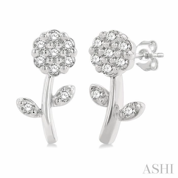 Gleaming Glow 1/6 Ctw Petite Floral Round Cut Diamond Fashion Stud Earring in 10K White Gold