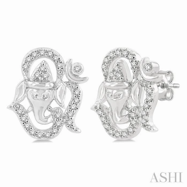 1/6 Ctw Petite Ganesha in 'OM' Symbol Round Cut Diamond Fashion Stud Earring in 10K White Gold Exclusive Charm Wedding accessory