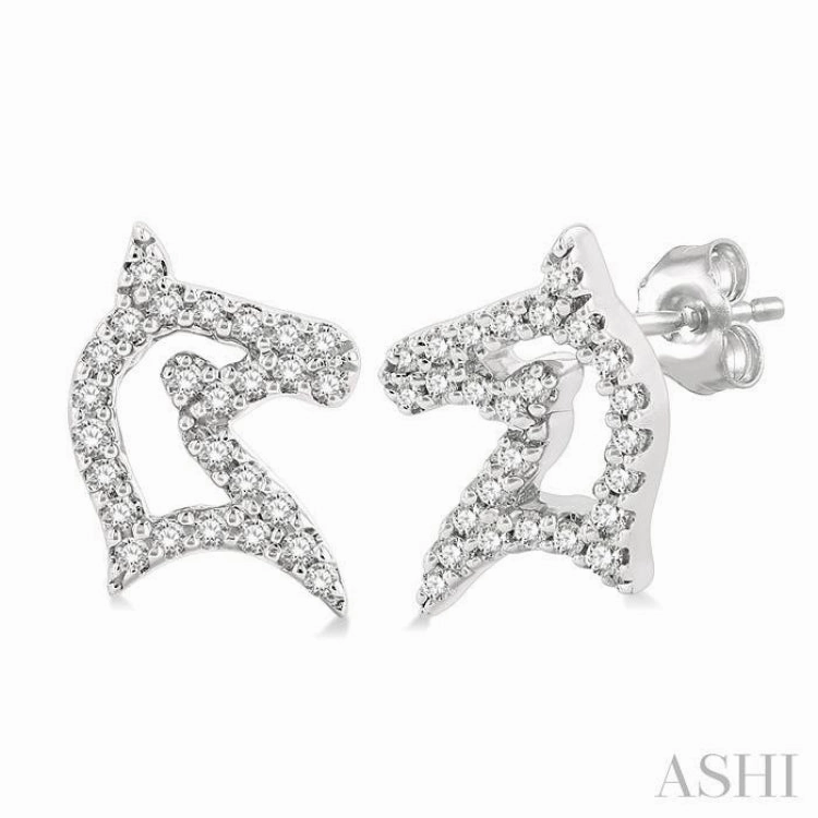 Glamorous Glow Feminine Light 1/6 Ctw Petite Horse Head Round Cut Diamond Fashion Stud Earring in 10K White Gold