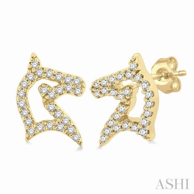 1/6 Ctw Petite Horse Head Round Cut Diamond Fashion Stud Earring in 10K Yellow Gold Classic Style Vivid Glow