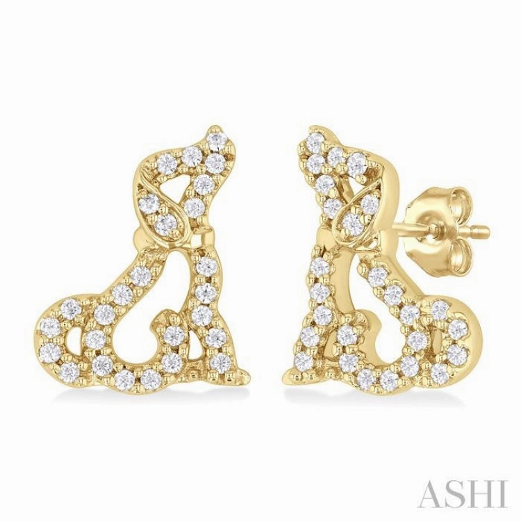 Delicate Beauty 1/6 Ctw Petite Sitting Dog Round Cut Diamond Fashion Stud Earring in 10K Yellow Gold