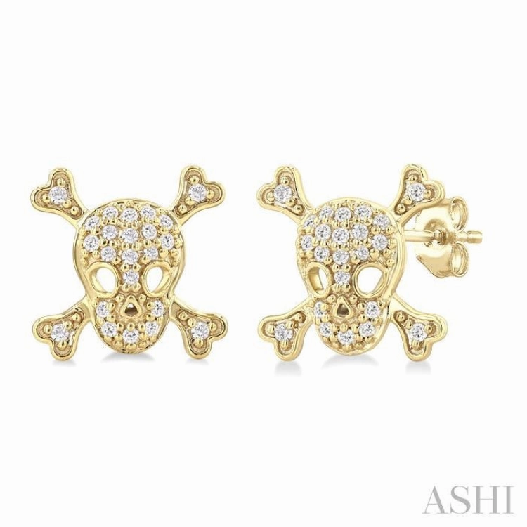 Minimal Charm 1/6 Ctw Petite Skull Single Cut Diamond Fashion Earrings in 10K Yellow Gold