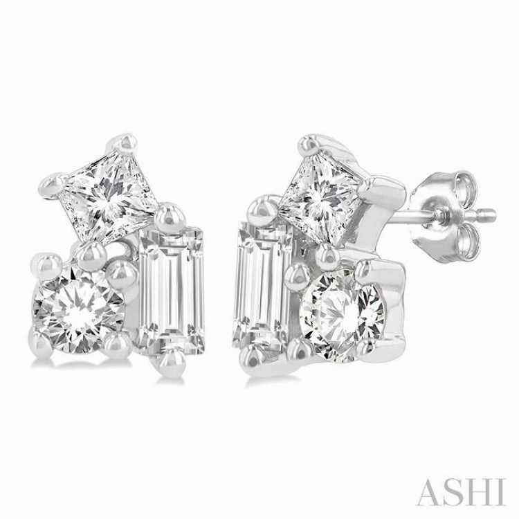 1/6 Ctw Petite Tri-Stone Scatter Princess, Baguette & Round Cut Diamond Fashion Stud Earring in 10K White Gold Romantic Fashion Enduring Shine