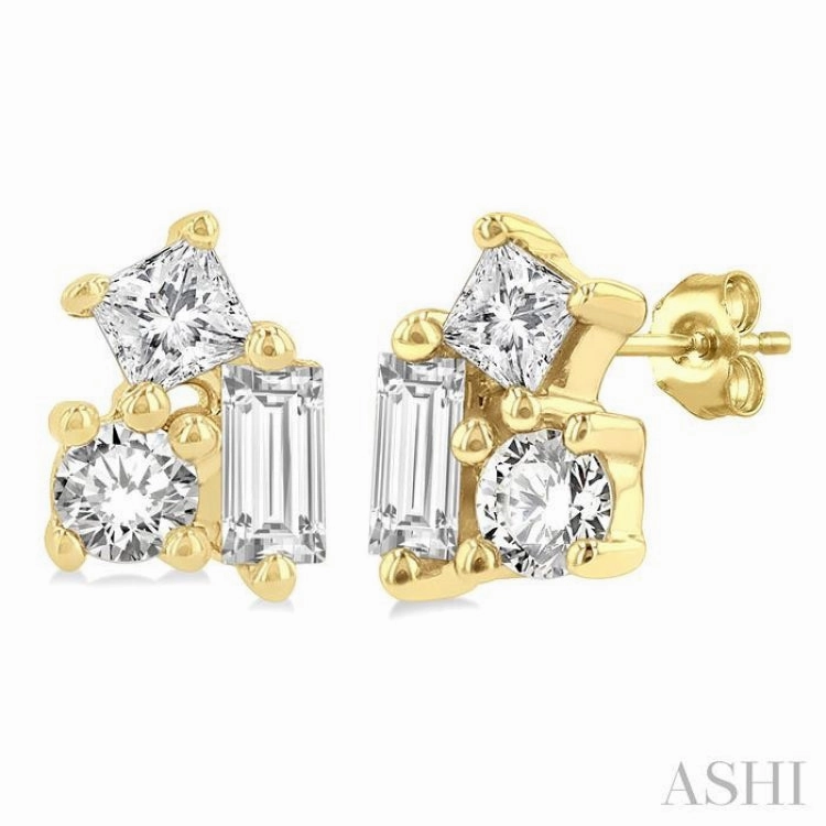 Effortless Piece Beach Vibes 1/6 Ctw Petite Tri-Stone Scatter Princess, Baguette & Round Cut Diamond Fashion Stud Earring in 10K Yellow Gold