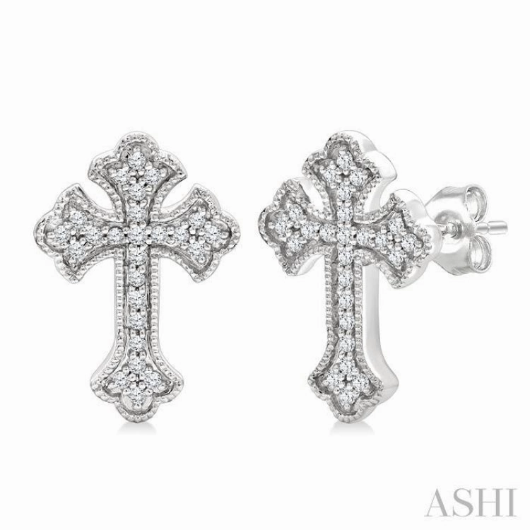 1/6 Ctw Round Cut Diamond Cross Petite Fashion Earrings in 10K White Gold Precious Glow Delicate Pair