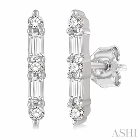 1/6 Ctw Solid Bar Baguette and Round Cut Diamond Petite Earring in 10K White Gold Trend Forward Modern Outfit