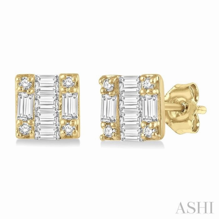 Lux Appeal Glam Appeal 1/6 Ctw Square Shape Baguette and Round Cut Diamond Petite Fashion Earring in 10K Yellow Gold.