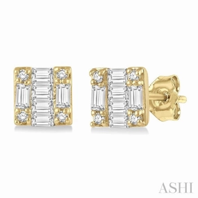 Lux Appeal Glam Appeal 1/6 Ctw Square Shape Baguette and Round Cut Diamond Petite Fashion Earring in 10K Yellow Gold.