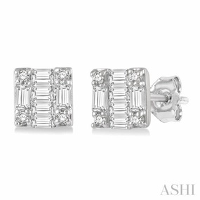 1/6 Ctw Square Shape Baguette and Round Cut Diamond Petite Fashion Earring in 14K White Gold. Monochrome Mood